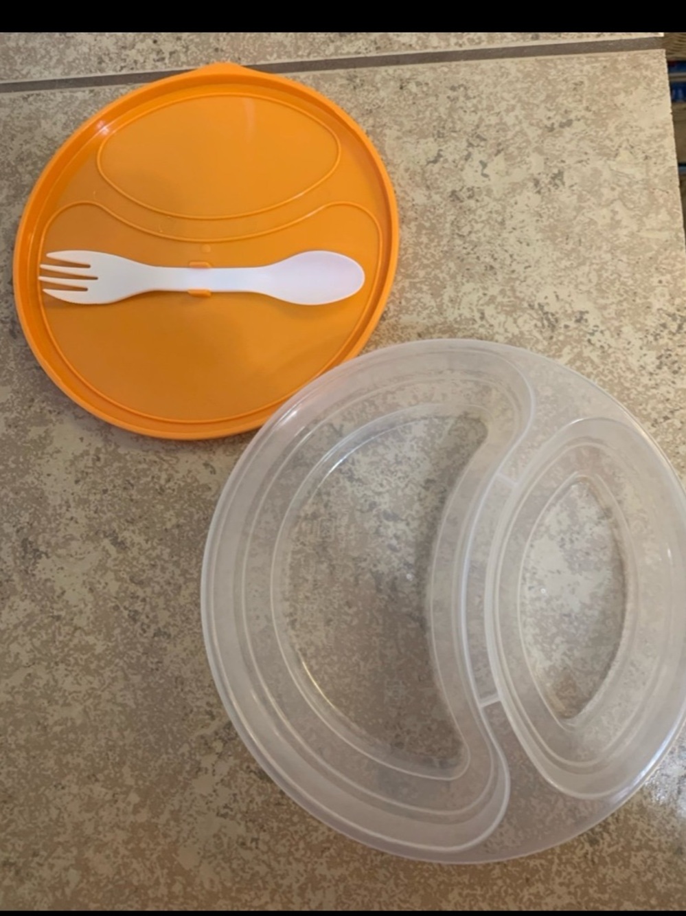 New! Round Clear Divided Food Storage w/ Orange Lid & Utensil. Plastic Storage.